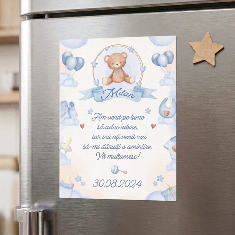 set 2 magneți mărturie botez – ursuleț în balon cu poză și mesaj