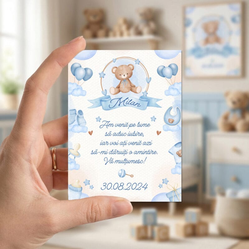 set 2 magneți mărturie botez – ursuleț în balon cu poză și mesaj