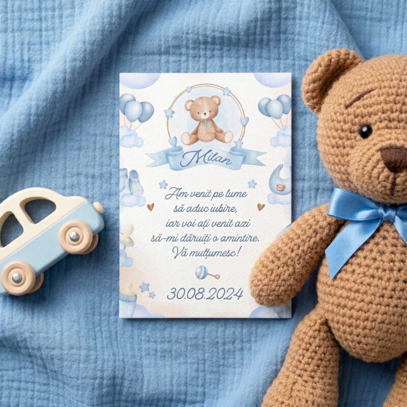 set 2 magneți mărturie botez – ursuleț în balon cu poză și mesaj