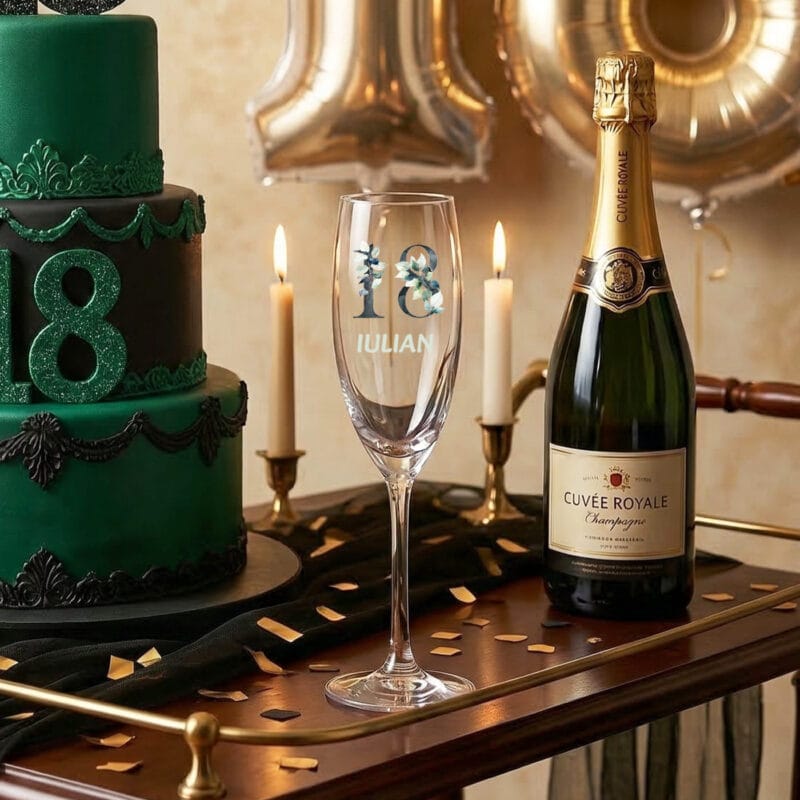 pahar de Șampanie personalizat pentru majorat cu nume și vârstă – eleganță florală