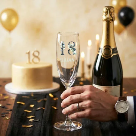 pahar de Șampanie personalizat pentru majorat cu nume și vârstă – eleganță florală