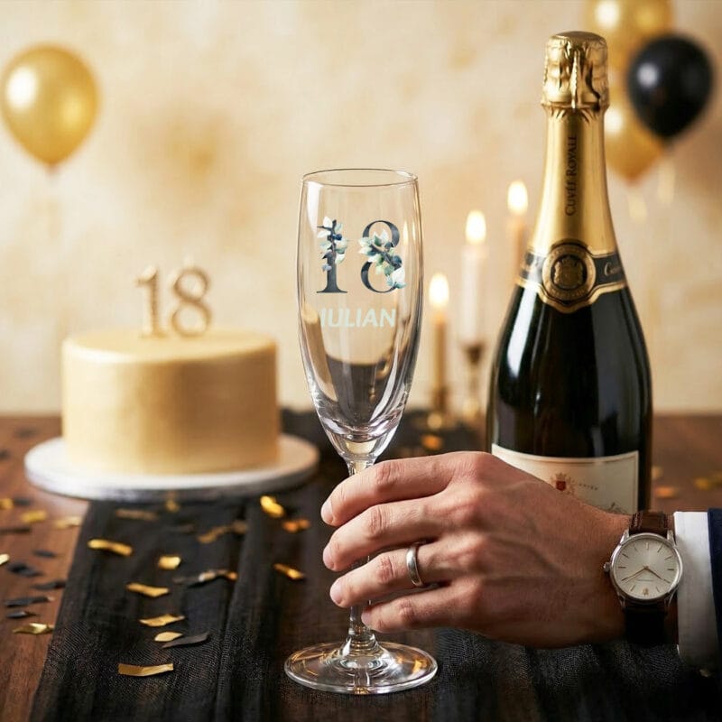 pahar de Șampanie personalizat pentru majorat cu nume și vârstă – eleganță florală