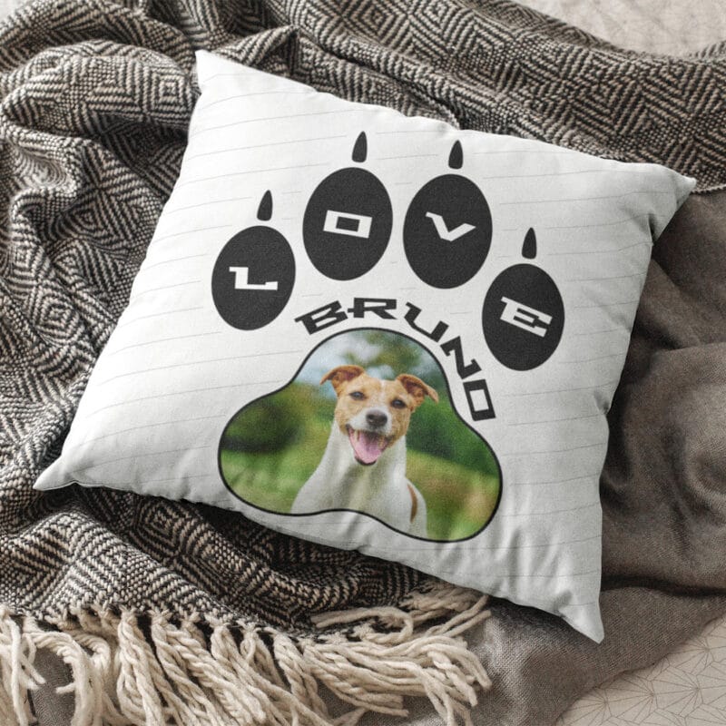 pernă personalizată "paw love" poză cățel & nume (design lăbuță love)