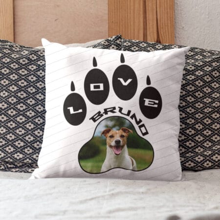pernă personalizată "paw love" poză cățel & nume (design lăbuță love)
