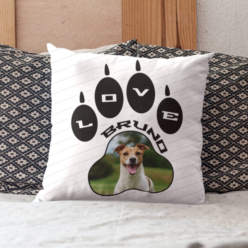 pernă personalizată "paw love" poză cățel & nume (design lăbuță love)