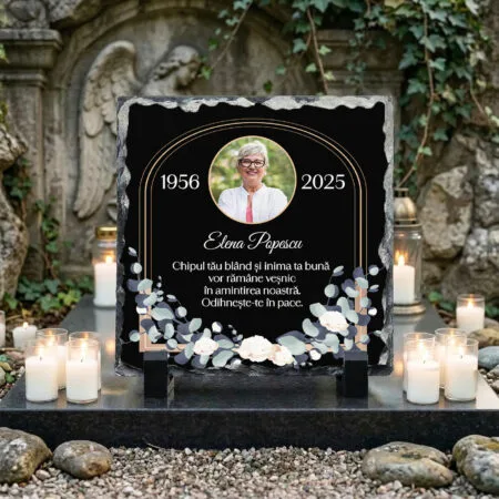 placă de ardezie personalizată in memoriam – omagiu floral
