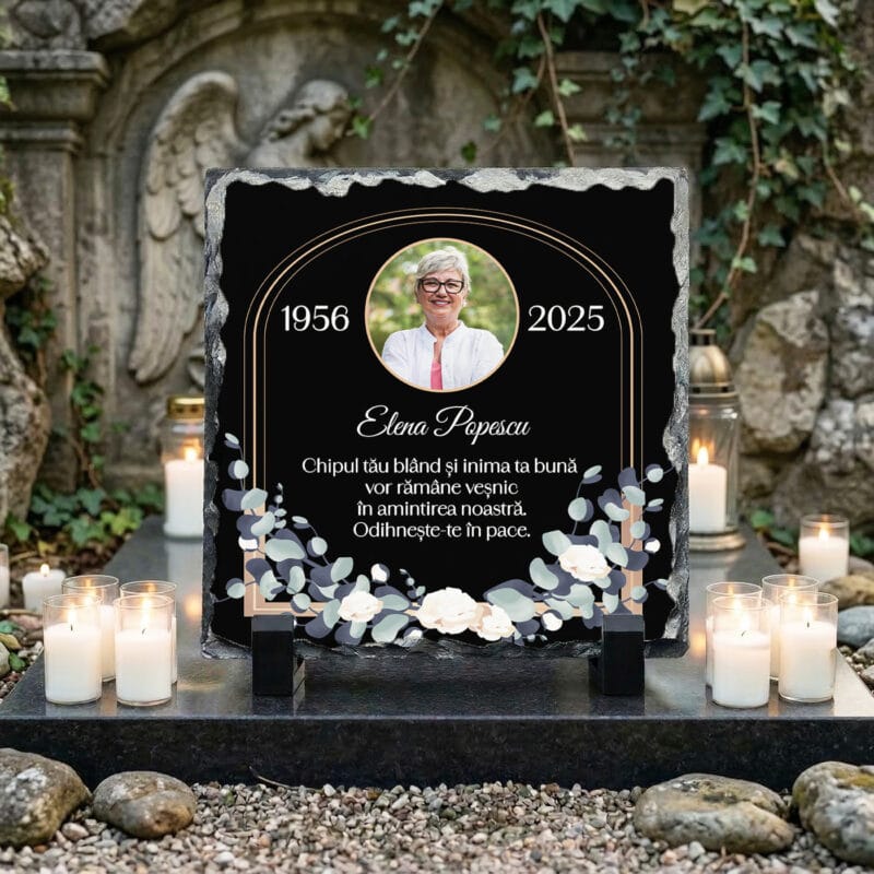 placă de ardezie personalizată in memoriam – omagiu floral