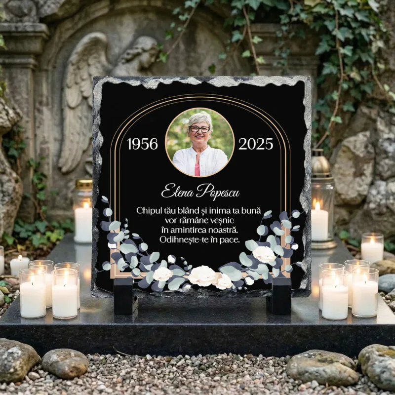 placă de ardezie personalizată in memoriam – omagiu floral