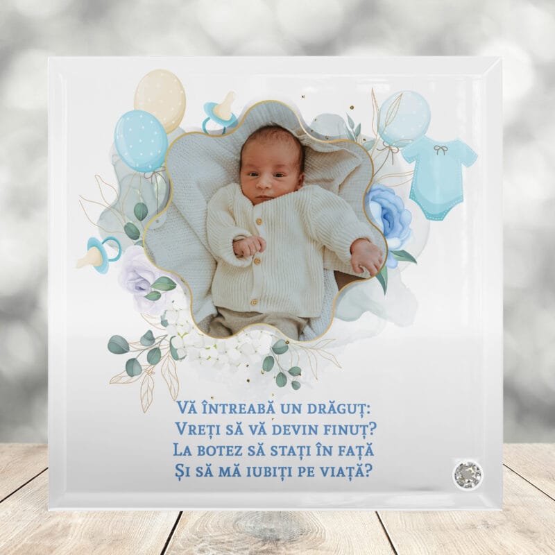 placă foto sticlă personalizată „vreți să fiți nașii mei?” – model băieței cu poză și mesaj