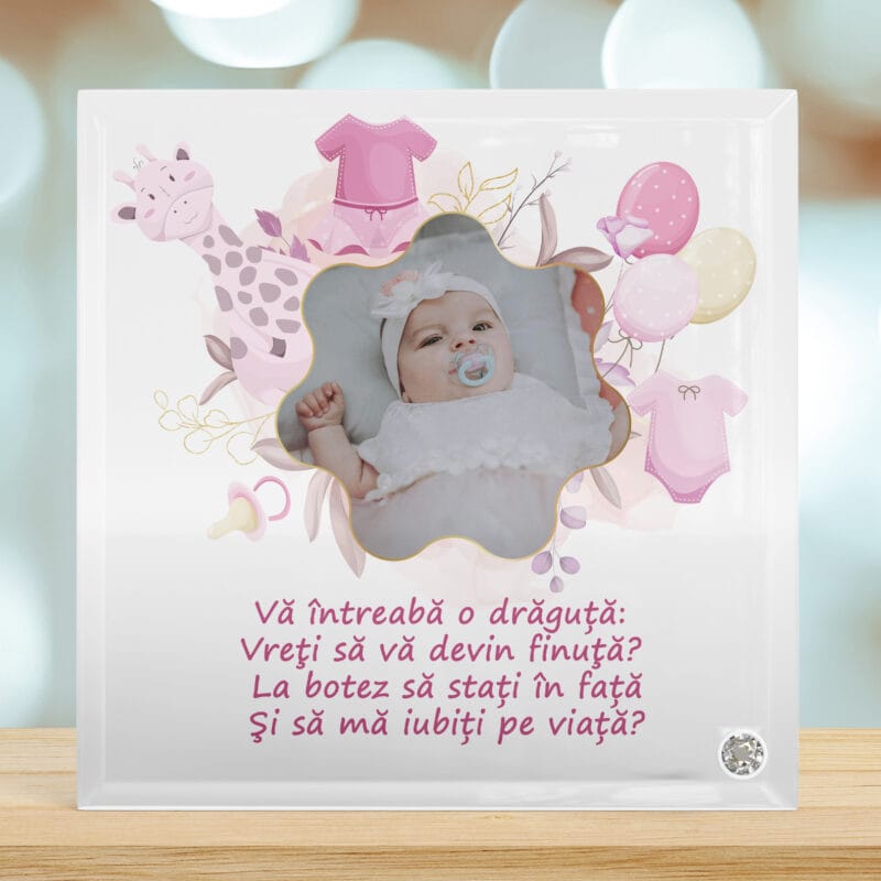 placă foto sticlă „vreți să fiți nașii mei?” – cerere nași fetiță cu poză și mesaj