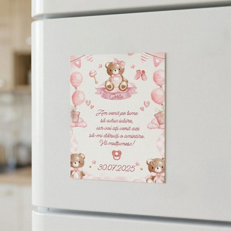 set 2 magneți mărturie botez fetiță – ursuleț roz cu nume și mesaj