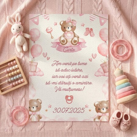 set 2 magneți mărturie botez fetiță – ursuleț roz cu nume și mesaj