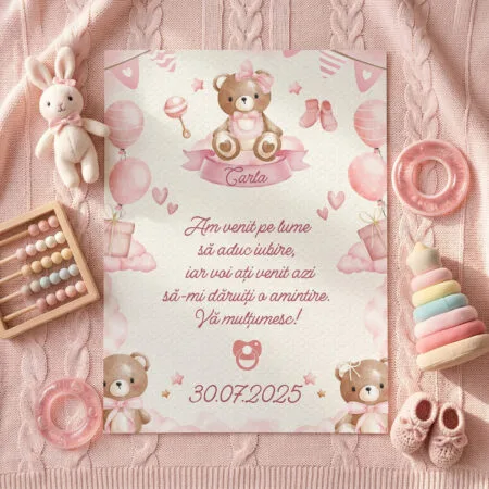 set 2 magneți mărturie botez fetiță – ursuleț roz cu nume și mesaj