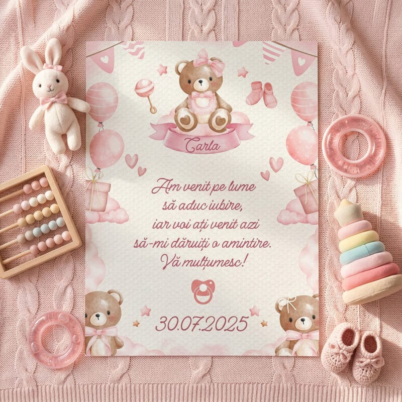 set 2 magneți mărturie botez fetiță – ursuleț roz cu nume și mesaj