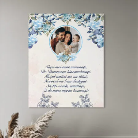 tablou canvas personalizat nași „tăierea moțului” – poză, design floral albastru și poezie