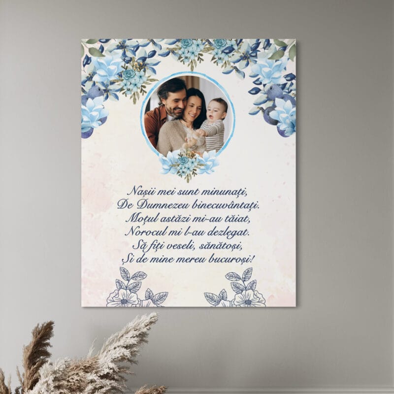 tablou canvas personalizat nași „tăierea moțului” – poză, design floral albastru și poezie