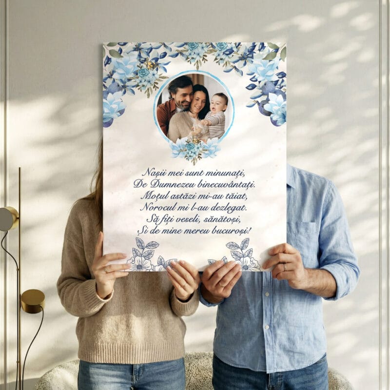 tablou canvas personalizat nași „tăierea moțului” – poză, design floral albastru și poezie