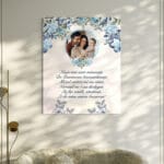 tablou canvas personalizat nași „tăierea moțului” – poză, design floral albastru și poezie