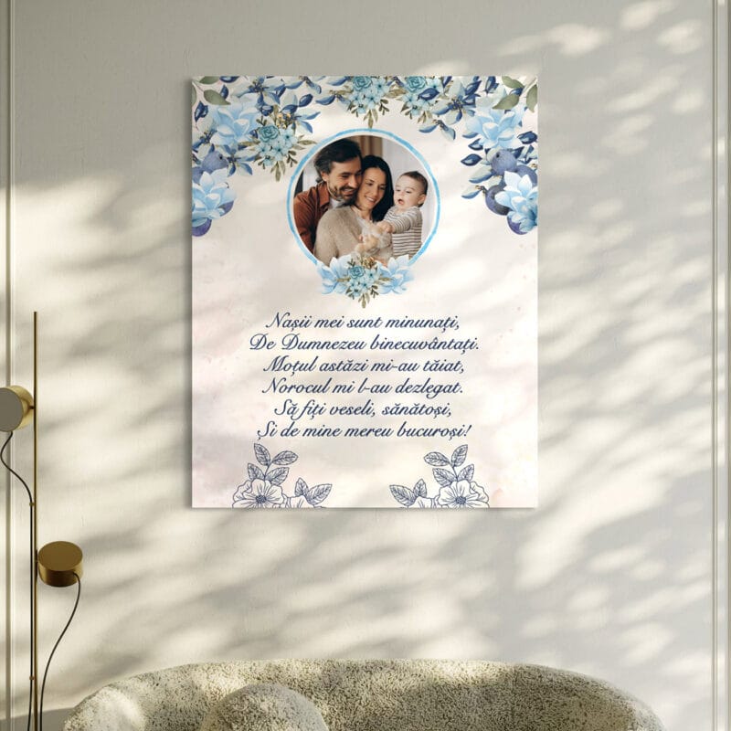 tablou canvas personalizat nași „tăierea moțului” – poză, design floral albastru și poezie
