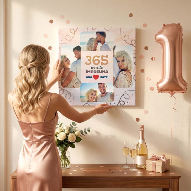 tablou canvas personalizat "365 de zile Împreună" colaj 4 poze cuplu & nume (aniversare 1 an)