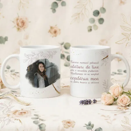 cană personalizată „mătușă dragă” – poză, design floral și mesaj emoționant