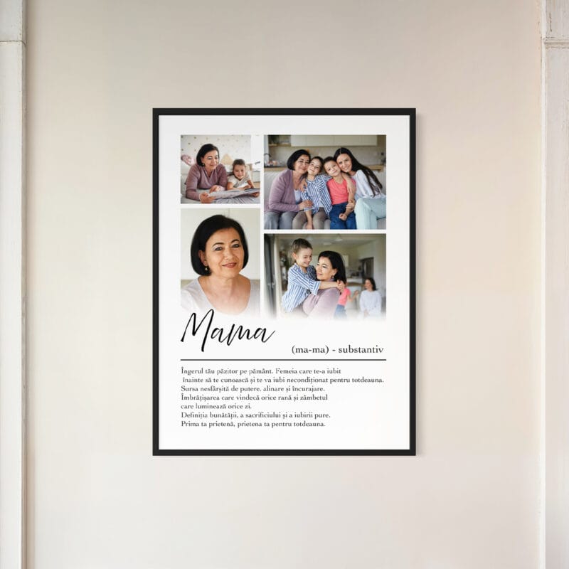 tablou personalizat cu ramă „definiția mamei” – colaj 4 poze și text emoționant