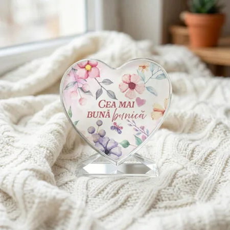 trofeu cristal inimă cu suport – „cea mai bună bunică” (design floral acuarelă)