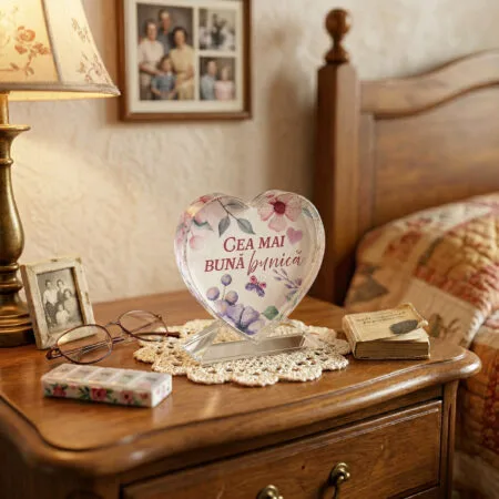 trofeu cristal inimă cu suport – „cea mai bună bunică” (design floral acuarelă)