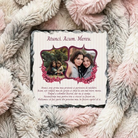 ardezie pătrată personalizată atunci. acum. mereu. – colaj 2 poze și mesaj