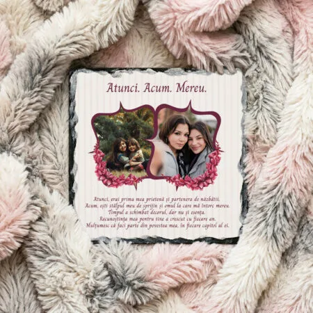 ardezie pătrată personalizată atunci. acum. mereu. – colaj 2 poze și mesaj