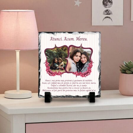 ardezie pătrată personalizată atunci. acum. mereu. – colaj 2 poze și mesaj