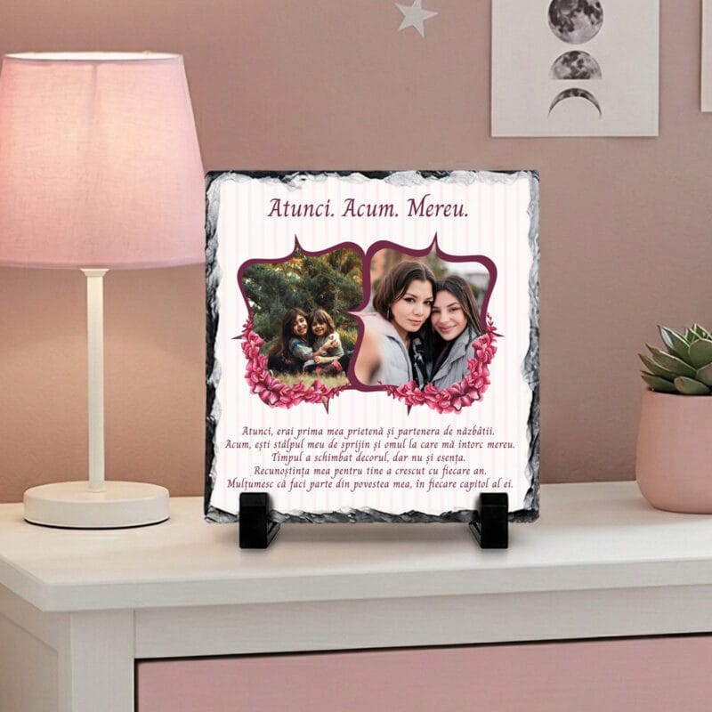 ardezie pătrată personalizată atunci. acum. mereu. – colaj 2 poze și mesaj