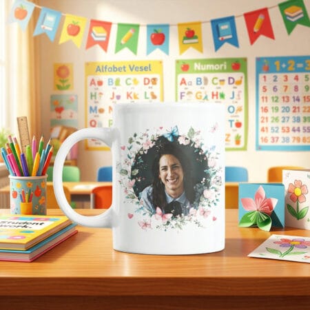 cană personalizată educatoare grupa fluturașilor cu poză și mesaj