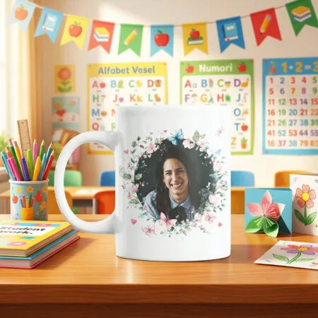 cană personalizată educatoare grupa fluturașilor cu poză și mesaj