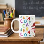 cană personalizată Învățătoare – design alfabet și măr – nume