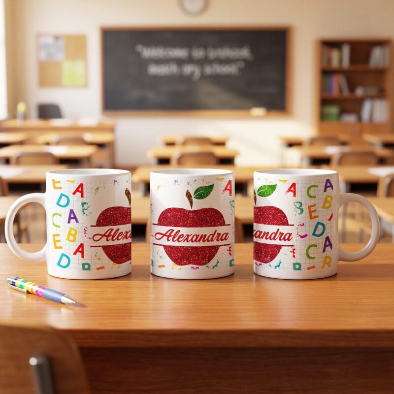 cană personalizată Învățătoare – design alfabet și măr – nume