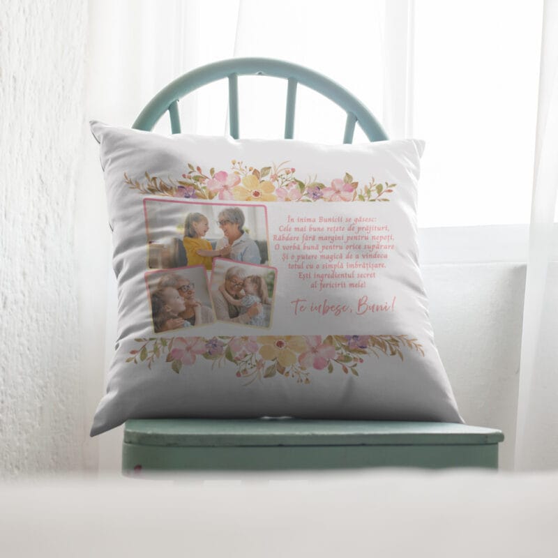 pernă personalizată În inima bunicii se găsesc – colaj 3 poze și mesaj