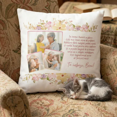 pernă personalizată În inima bunicii se găsesc – colaj 3 poze și mesaj