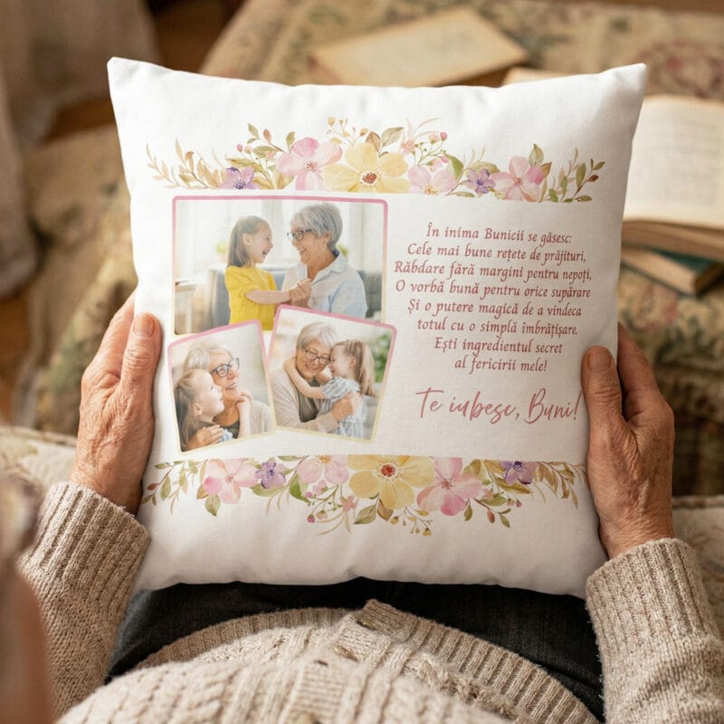 pernă personalizată În inima bunicii se găsesc – colaj 3 poze și mesaj