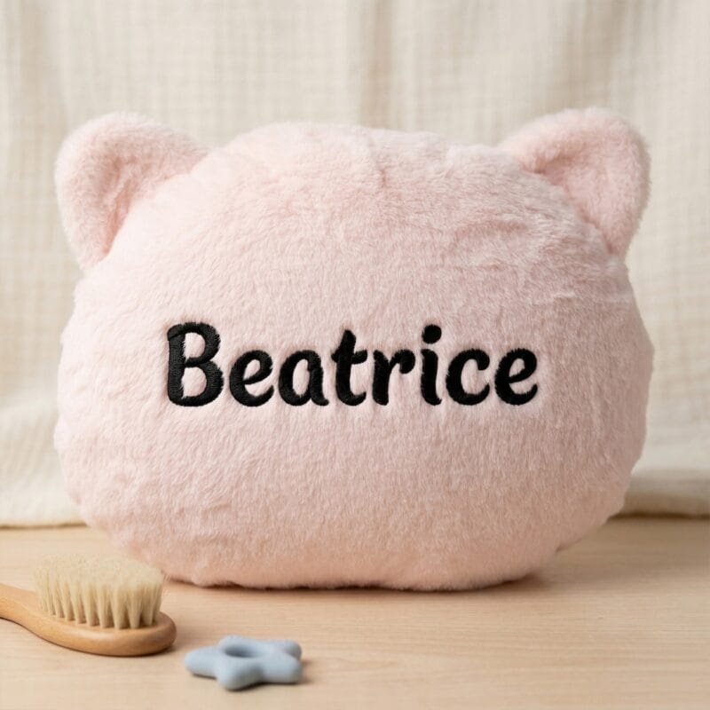 pernă personalizată formă pisicuță "puf de somn" pluș roz & nume brodat