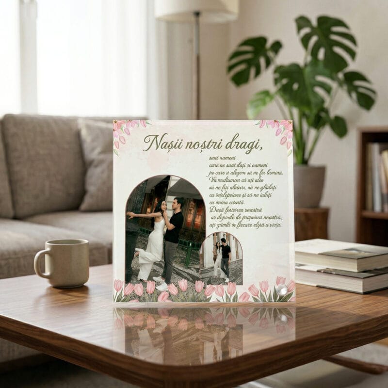placă foto sticlă pătrată nașii noștri dragi – design lalele roz și mesaj de suflet