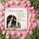 placă foto sticlă pătrată nașii noștri dragi – design lalele roz și mesaj de suflet