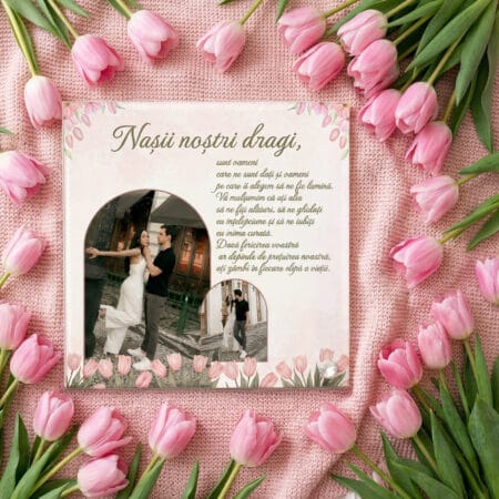 placă foto sticlă pătrată nașii noștri dragi – design lalele roz și mesaj de suflet