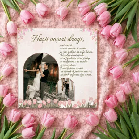 placă foto sticlă pătrată nașii noștri dragi – design lalele roz și mesaj de suflet