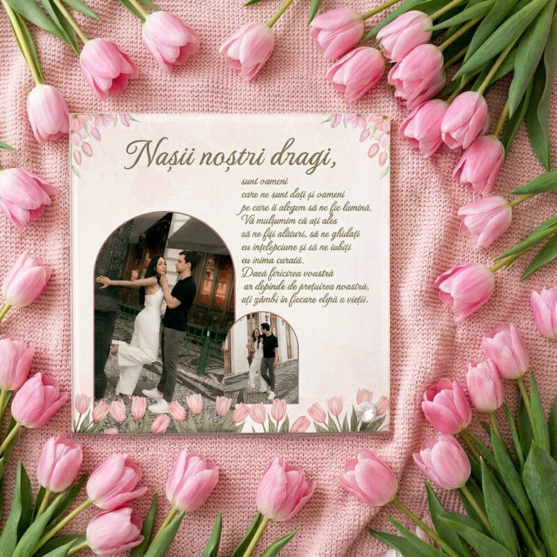 placă foto sticlă pătrată nașii noștri dragi – design lalele roz și mesaj de suflet