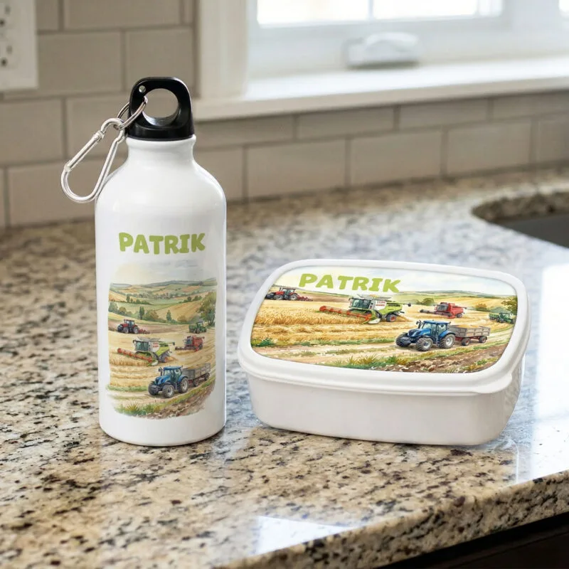 set personalizat bidon și caserolă „micul fermier” – nume și design tractoare
