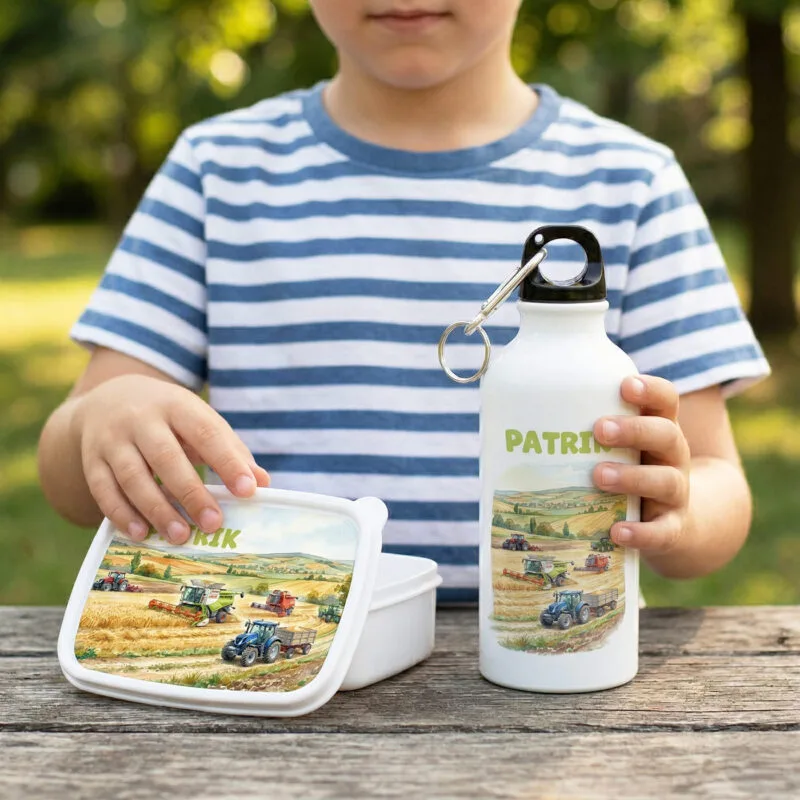 set personalizat bidon și caserolă „micul fermier” – nume și design tractoare