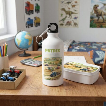 set personalizat bidon și caserolă „micul fermier” – nume și design tractoare