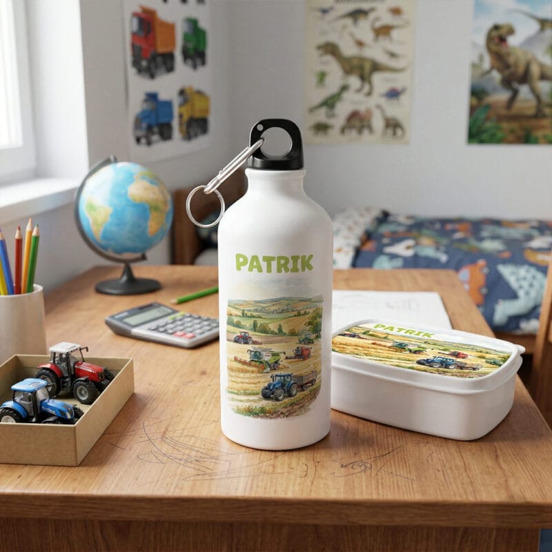 set personalizat bidon și caserolă „micul fermier” – nume și design tractoare