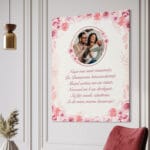 tablou canvas personalizat nași tăierea moțului – design floral roz și poezie